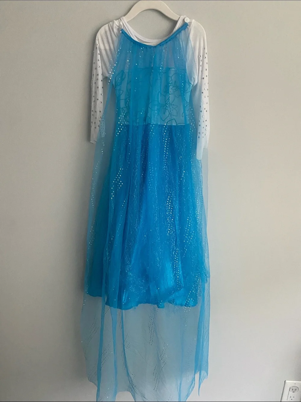 Girls Blue Sparkle Princess Dress with White Sleeves snowflakes Elsa inspired